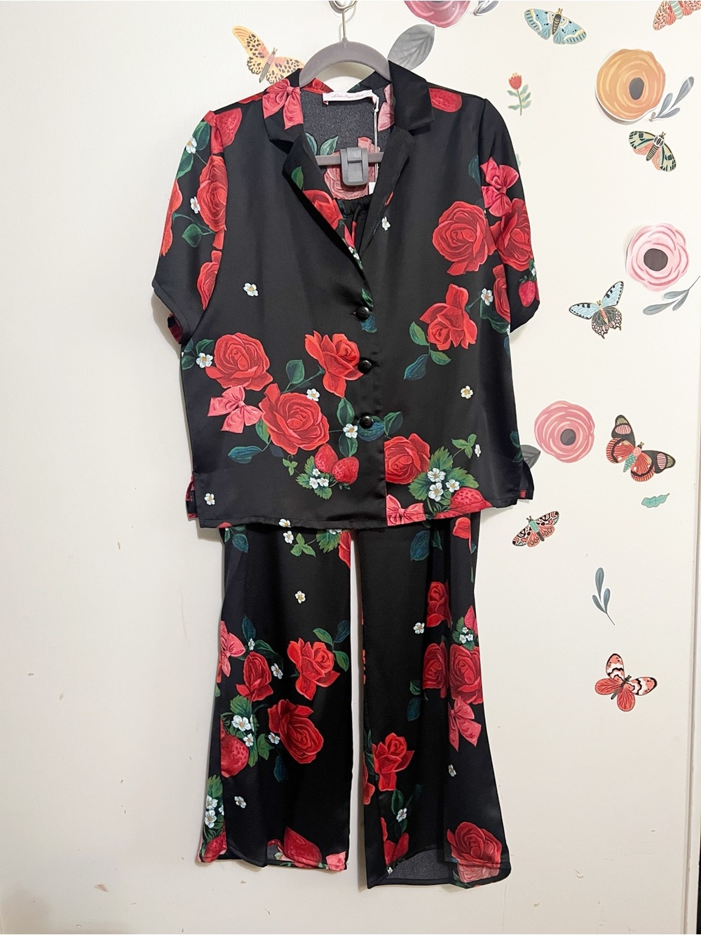 Lisa Says Gah Black Satin Floral Button-Up Set with Red and Green Accents